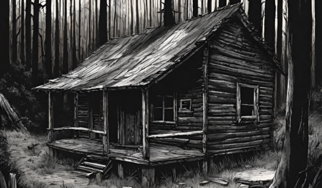 Ink sketch drawing (generated by AI) of a wood cabin in a dark forest.