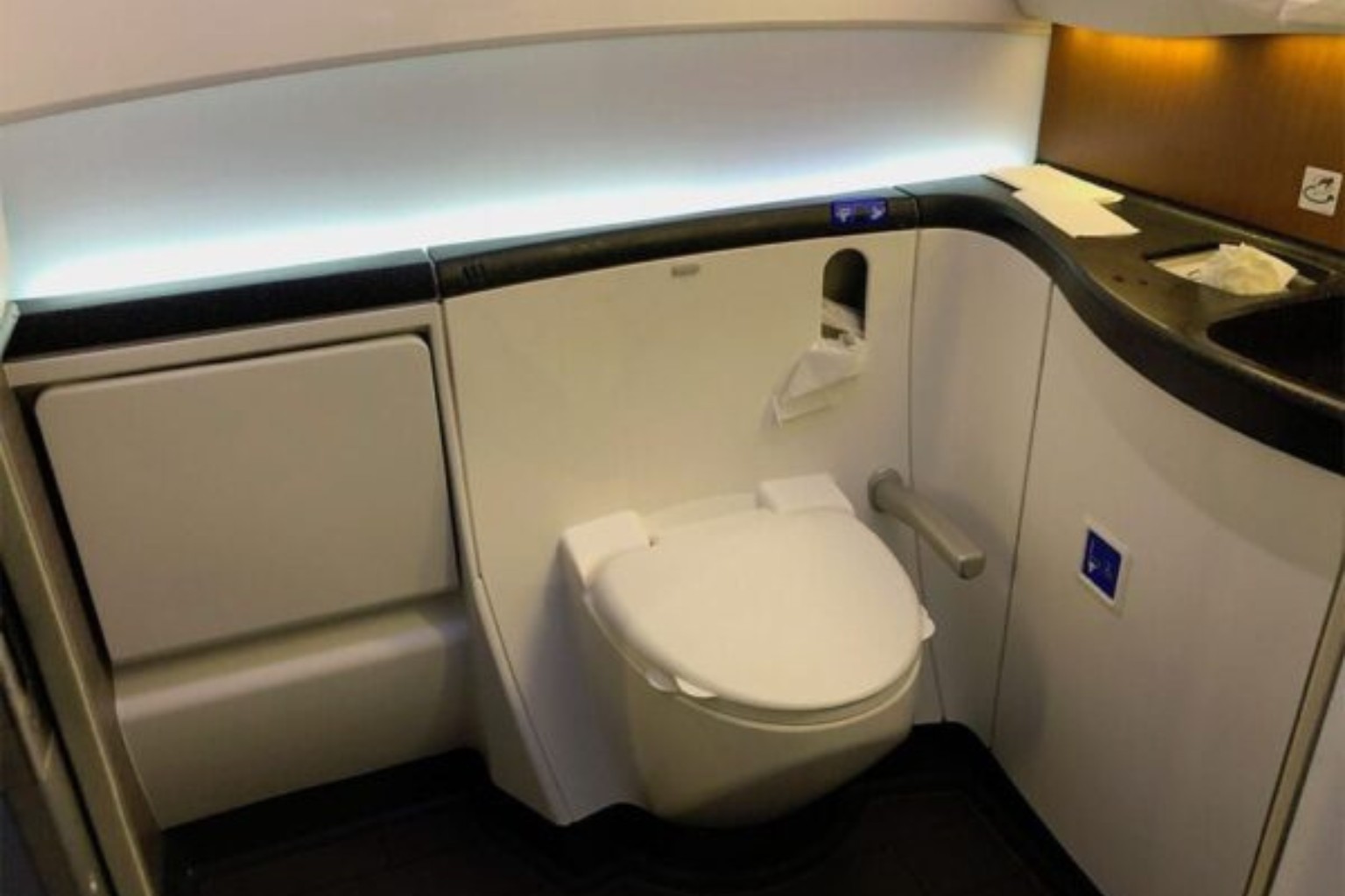 The inside of an accessible bathroom on board an airplace, which can be used by wheelchair users via an aisle chair.