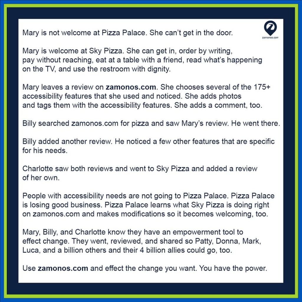 Mary is not welcome at Pizza Palace. She can't get in the door. Mary is welcome at Sky Pizza. She can get in, order by writing, pay without reaching, eat at a table with a friend, read what's happening on the TV, and use the restroom with dignity. Mary leaves a review on zamonos.com. She chooses several of the 175+ accessibility features that she used and noticed. She adds photos and tags them with the accessibility features. She adds a comment, too. Billy searched zamonos.com for pizza and saw Mary's review. He went there. Billy added another review. He noticed a few other features that are specific for his needs. Charlotte saw both reviews and went to Sky Pizza and added a review of her own. People with accessibility needs are not going to Pizza Palace. Pizza Palace is losing good business. Pizza Palace learns what Sky Pizza is doing right on zamonos.com and makes modifications so it becomes welcoming, too. Mary, Billy, and Charlotte know they have an empowerment tool to effect change. They went, reviewed, and shared so Patty, Donna, Mark, Luca, and a billion others and their 4 billion allies could go, too. Use zamonos.com and effect the change you want. You have the power.