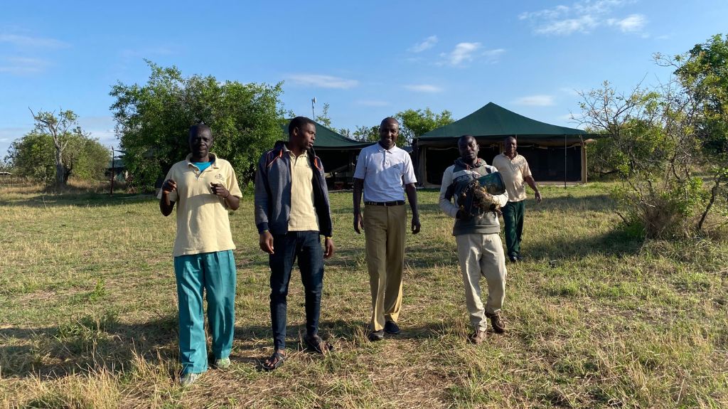 A group of five men, including local staff from the safari camp, walking across a grassy field, smiling and chatting while saying their farewells. Behind them are safari tents with the African savannah stretching into the distance. These friends were made during the safari trip, marking a bittersweet goodbye.