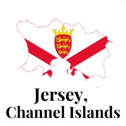 An image of an outline of the Jersey map, with the flag of Jersey in the middle. The text reads: Jersey, Channel Islands.