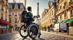 A wheelchair user in a sleek, lightweight wheelchair, holding a camera and wearing a backpack, navigates the cobblestone streets of Paris. The background features classic Parisian architecture with wrought-iron balconies and a partial view of the Eiffel Tower under a warm, sunny sky.