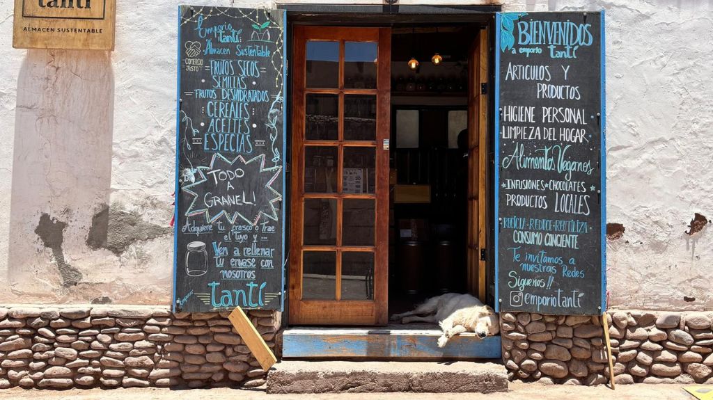 A snoozing dog sleeps on the steps that lead into a small store.