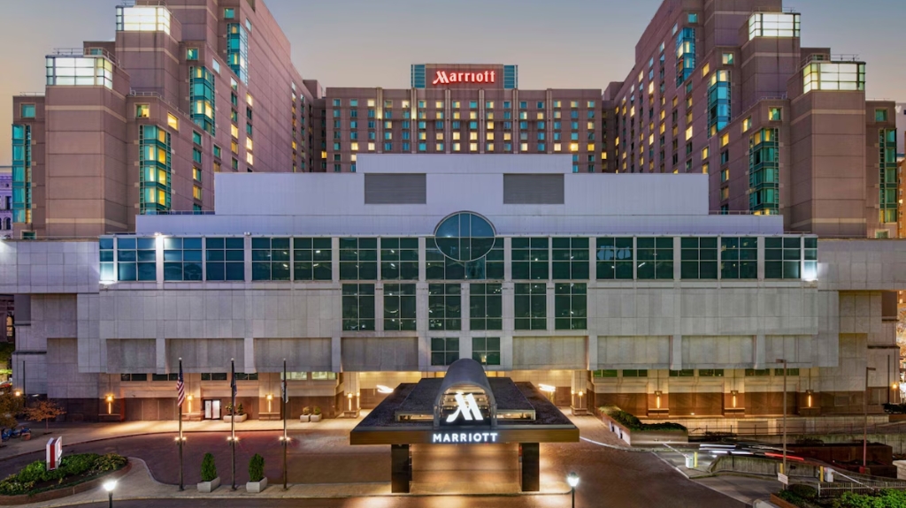 Exterior view of Philadelphia Marriott Downtown hotel, highlighting accessible accommodations.