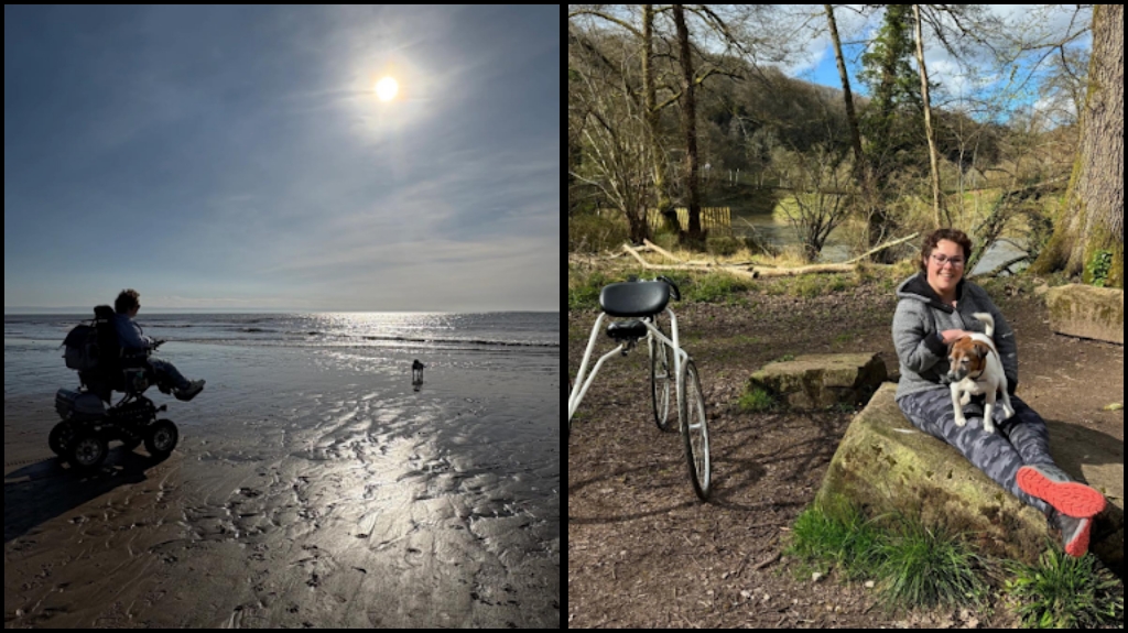 Kyrby Brown enjoying accessible travel in Monmouthshire: using an off-road wheelchair on a sunlit Welsh beach with her dog, and relaxing in the Wye Valley countryside with her adaptive trike and adventure buddy.