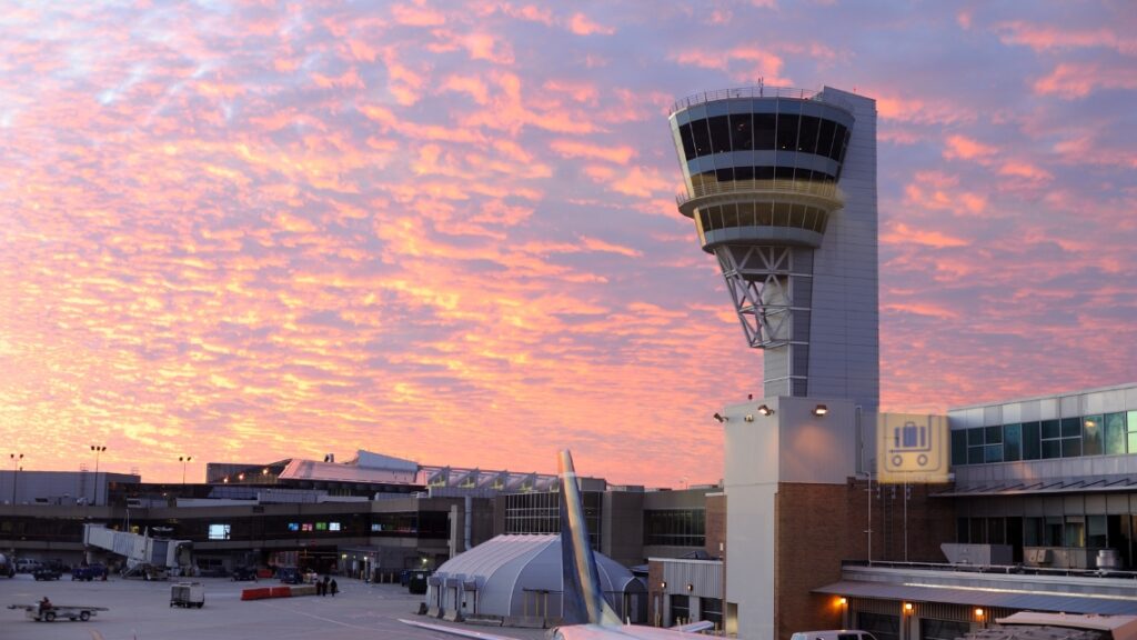 Sunset view of Philadelphia International Airport (PHL) highlighting accessible travel amenities.