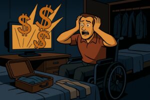 A cartoon illustration of a man sitting in a wheelchair, with a half-packed suitcase open on his bed, and some dollar signs bursting from his TV screen. He has his hands on his head and he is looking dismayed about the absurd cost of accessible travel.