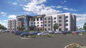 Architectural rendering of Morgan’s Hotel in San Antonio, Texas — a modern, four-story accessible hotel with wide parking area, landscaped greenery, and clear blue skies.