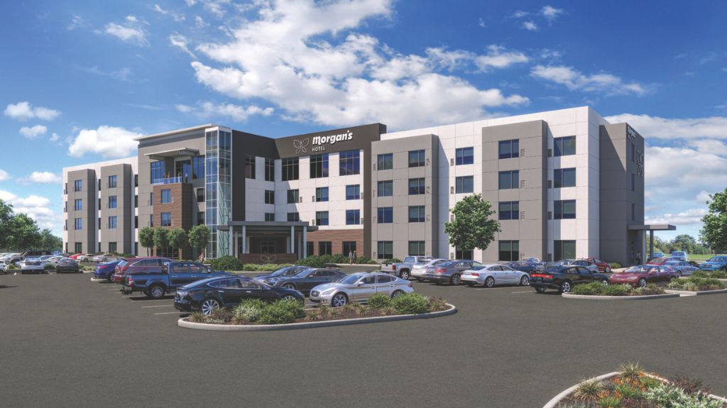 Architectural rendering of Morgan’s Hotel in San Antonio, Texas — a modern, four-story accessible hotel with wide parking area, landscaped greenery, and clear blue skies.