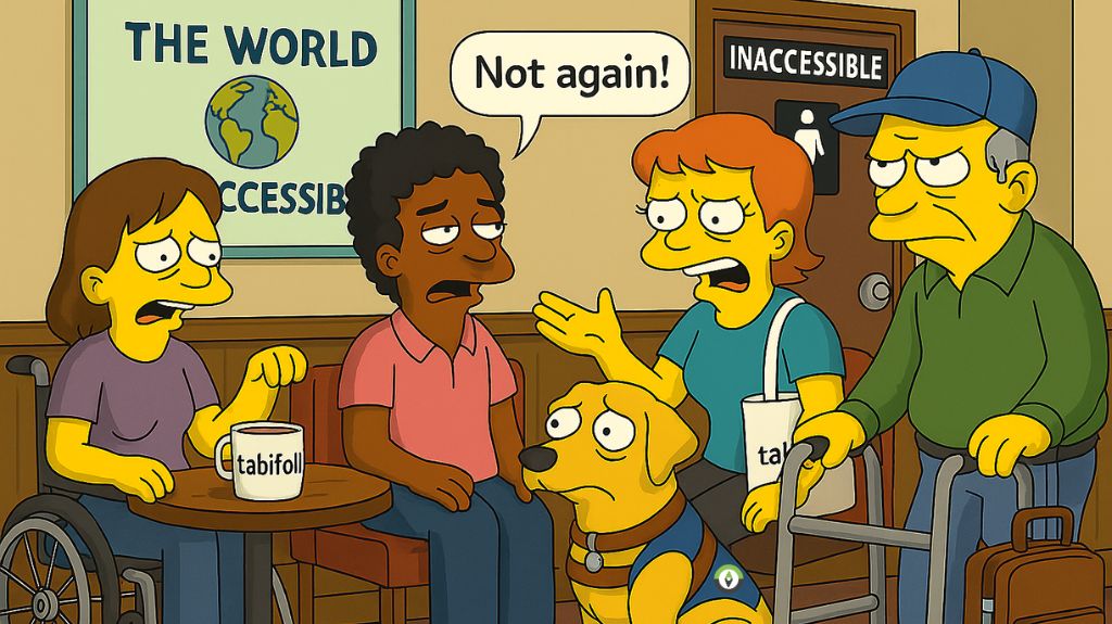 A Simpsons style illustration of four people looking distressed about a lackof access, and an inaccessible toilet.