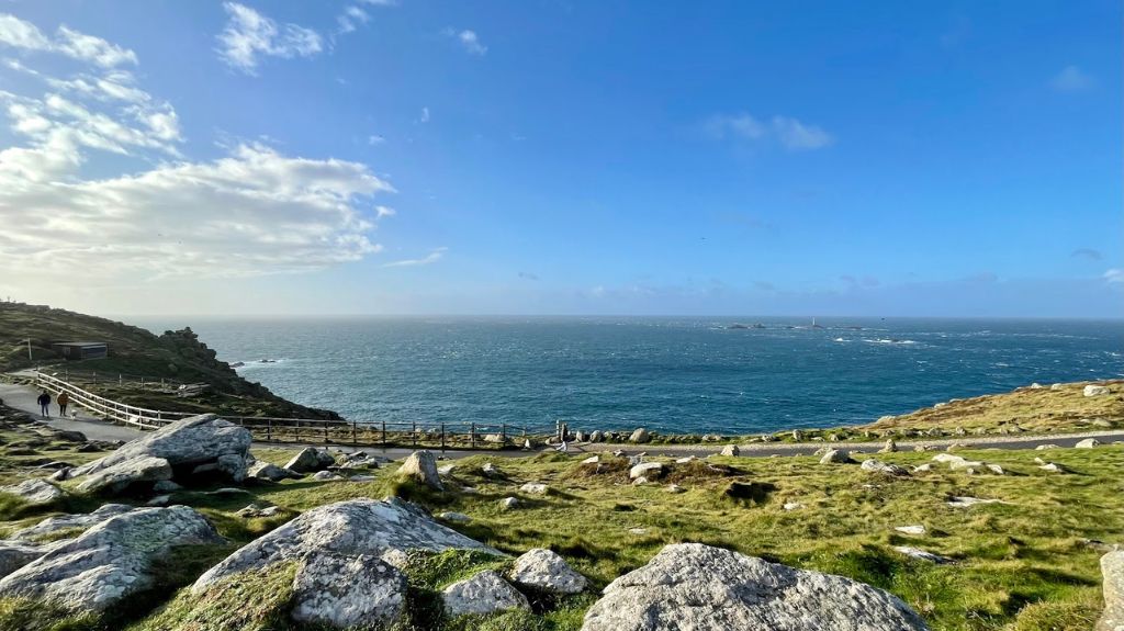 An image taken of the sea and the cliffs at Lands End, Cornwall.