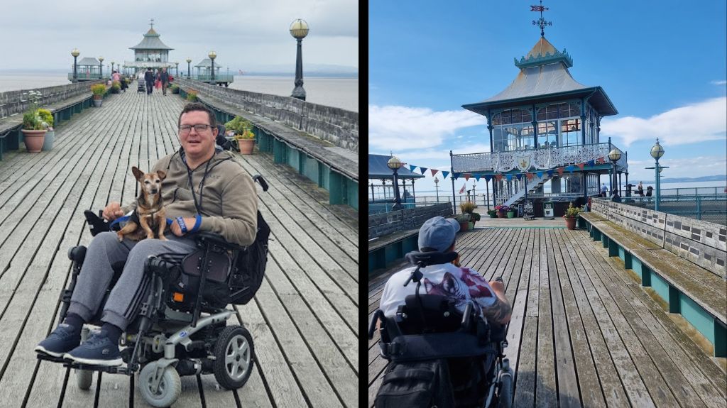 Two images of a wheelchair user enjoying a day out on Clevedon Pier near Bristol, with image of him holding a small dog and the other approaching the Victorian-style pavilion.