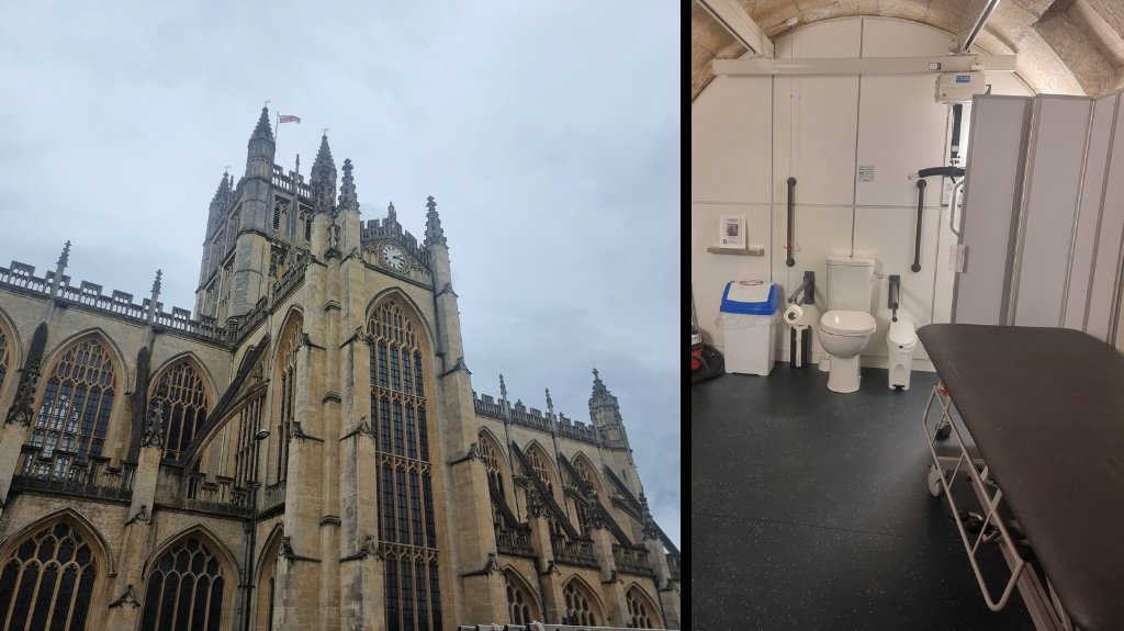 Exterior view of Bath Abbey with gothic architecture, alongside a fully equipped Changing Places toilet facility in Bath.