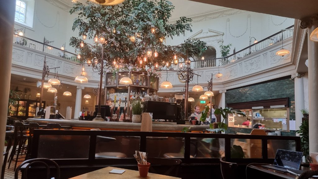 Interior of The Botanist restaurant in Bath, featuring a central tree installation, hanging lights, and accessible seating.