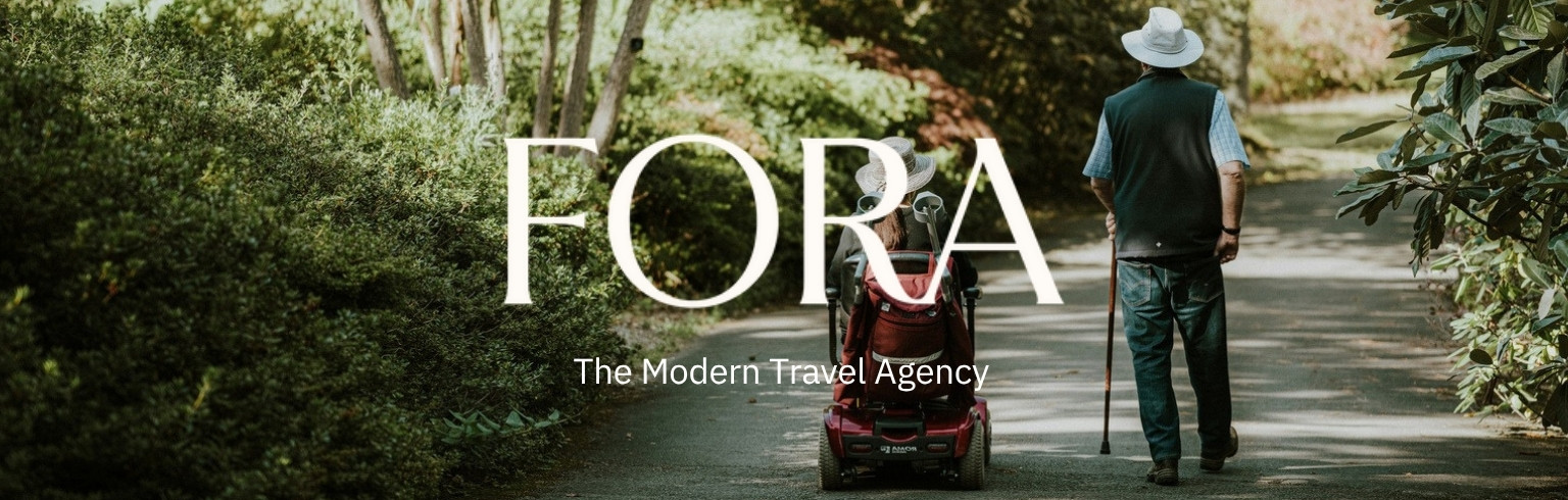 Fora accessible travel ad showing a man with a cane and mobility scooter on a path.
