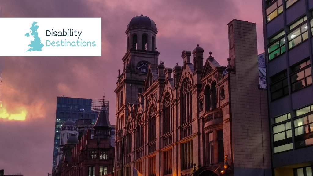 Manchester city skyline at sunset with Disability Destinations logo, promoting accessible travel and inclusive holiday accommodation in the UK