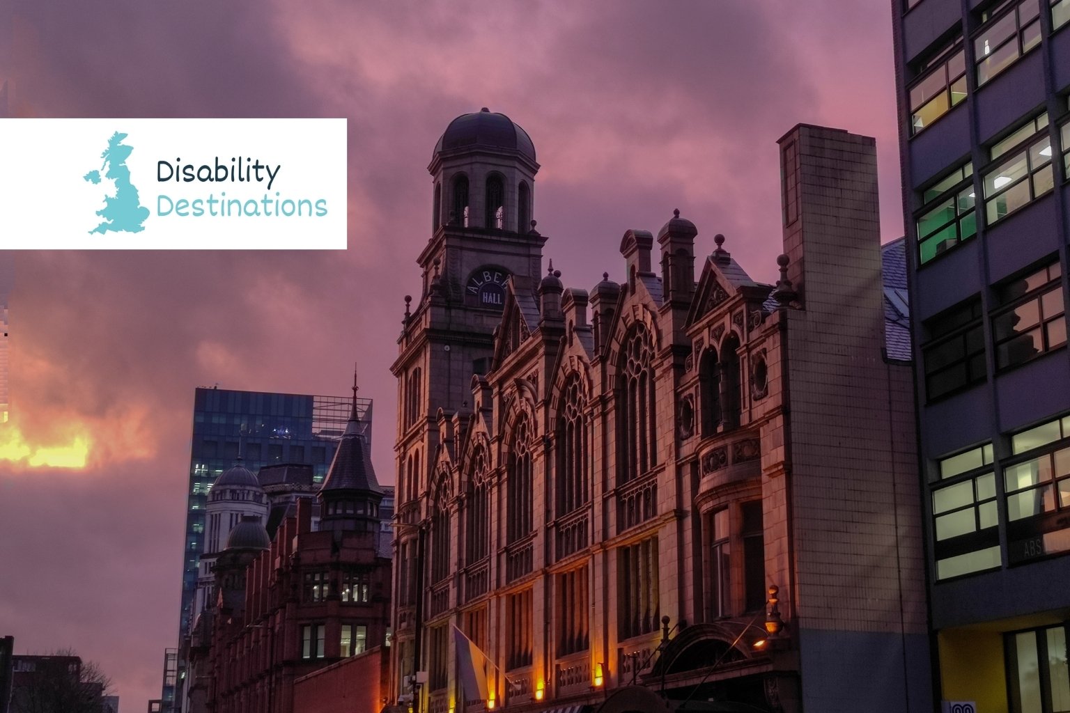 Manchester city skyline at sunset with Disability Destinations logo, promoting accessible travel and inclusive holiday accommodation in the UK