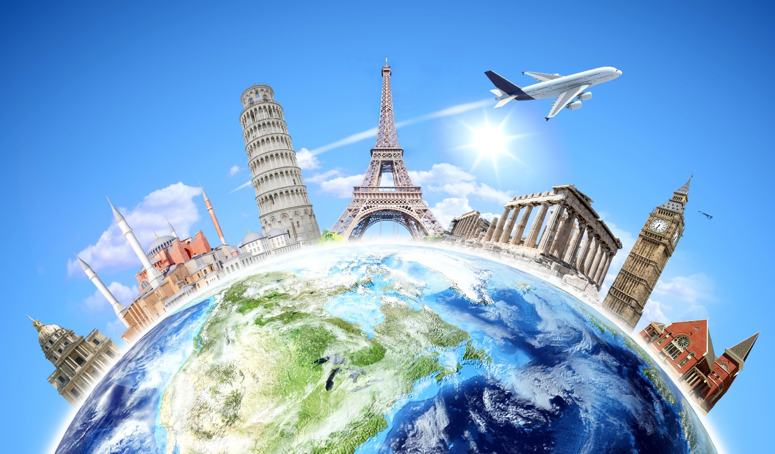 Illustration of a plane flying over a globe with world landmarks, including the Eiffel Tower, Leaning Tower of Pisa, and Big Ben, representing accessible travel planning around the world