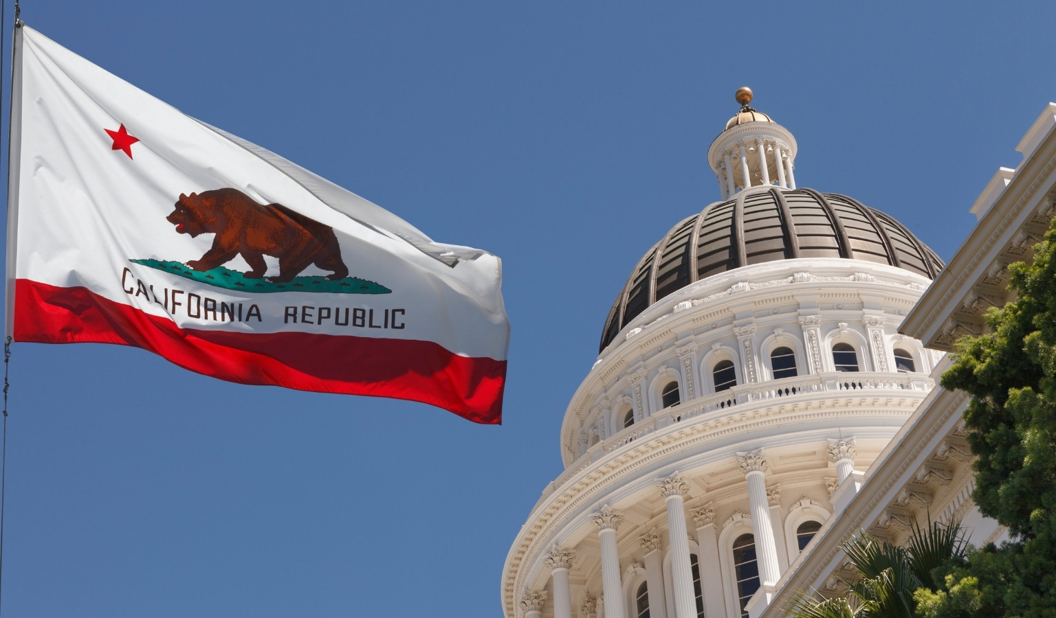 California state flag flying beside the white dome of the State Capitol building in Sacramento on a sunny day