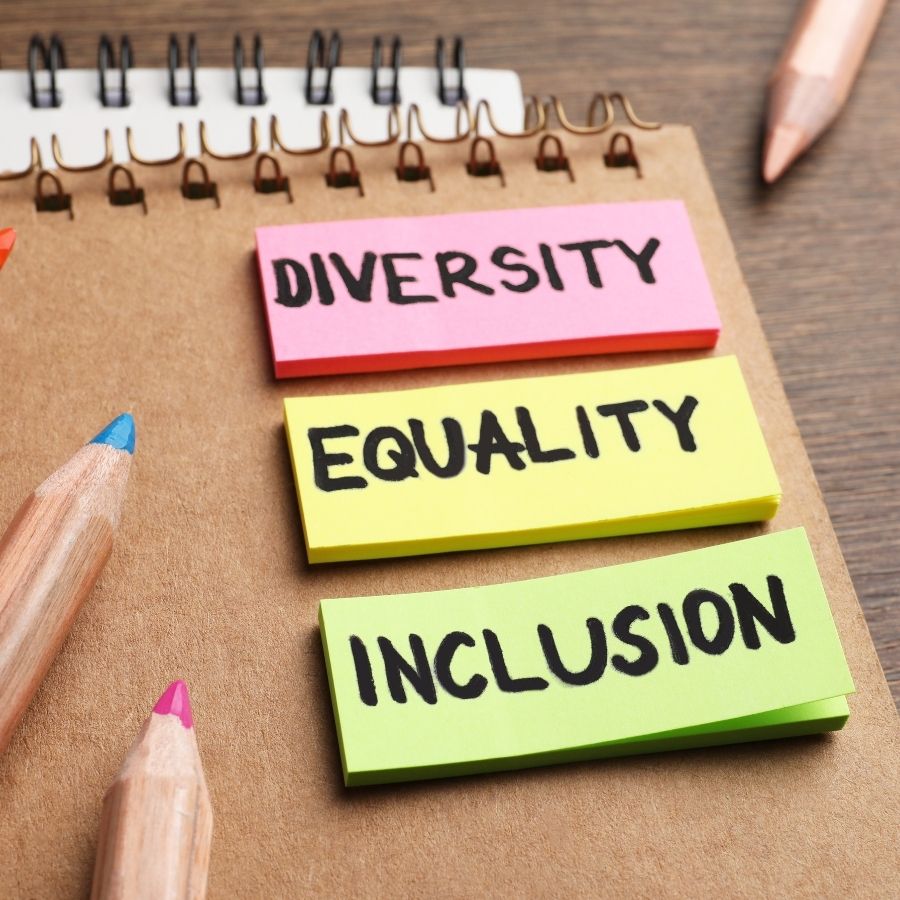 Colorful sticky notes reading Diversity, Equality, and Inclusion, representing core principles of disability rights and accessibility legislation.