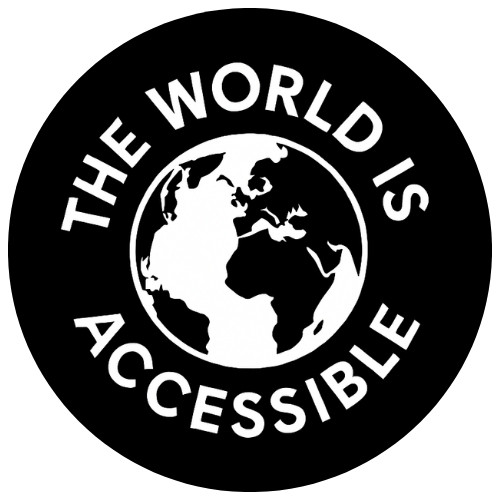 Logo of The World is Accessible community featuring a globe inside a black circle with the words 'The World is Accessible' surrounding it.