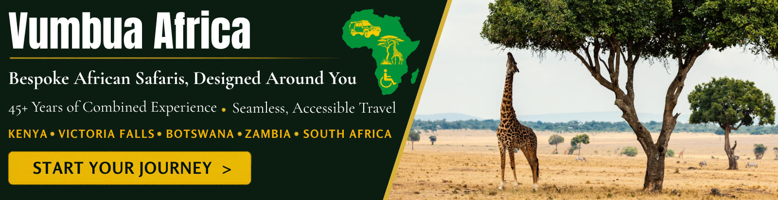 Vumbua Africa – Bespoke African Safaris, Designed Around You. 45+ Years of Combined Experience. Seamless, Accessible Travel. Destinations: Kenya, Botswana, Victoria Falls, South Africa. Start Your Journey button. Features a giraffe grazing beneath acacia trees on the African savanna.