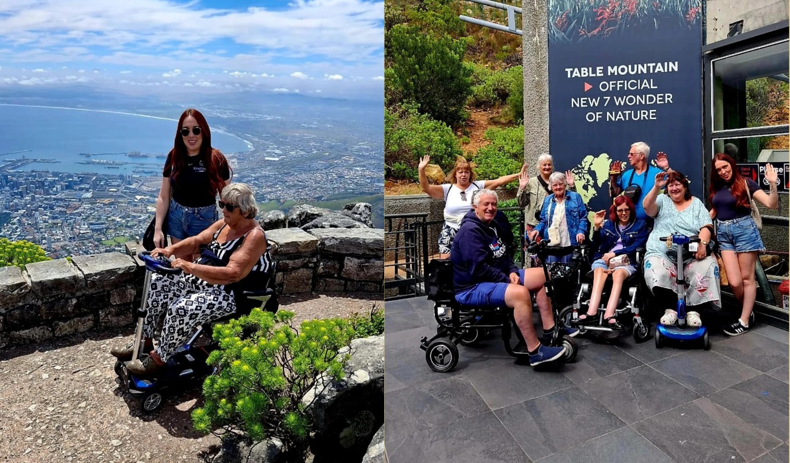 Two photos of wheelchair users and their companions visiting Table Mountain in Cape Town. On the left, an older woman on a mobility scooter and a younger woman stand at a viewpoint overlooking the city and coastline. On the right, a smiling group of travelers, some using wheelchairs and scooters, pose together at the Table Mountain entrance sign.