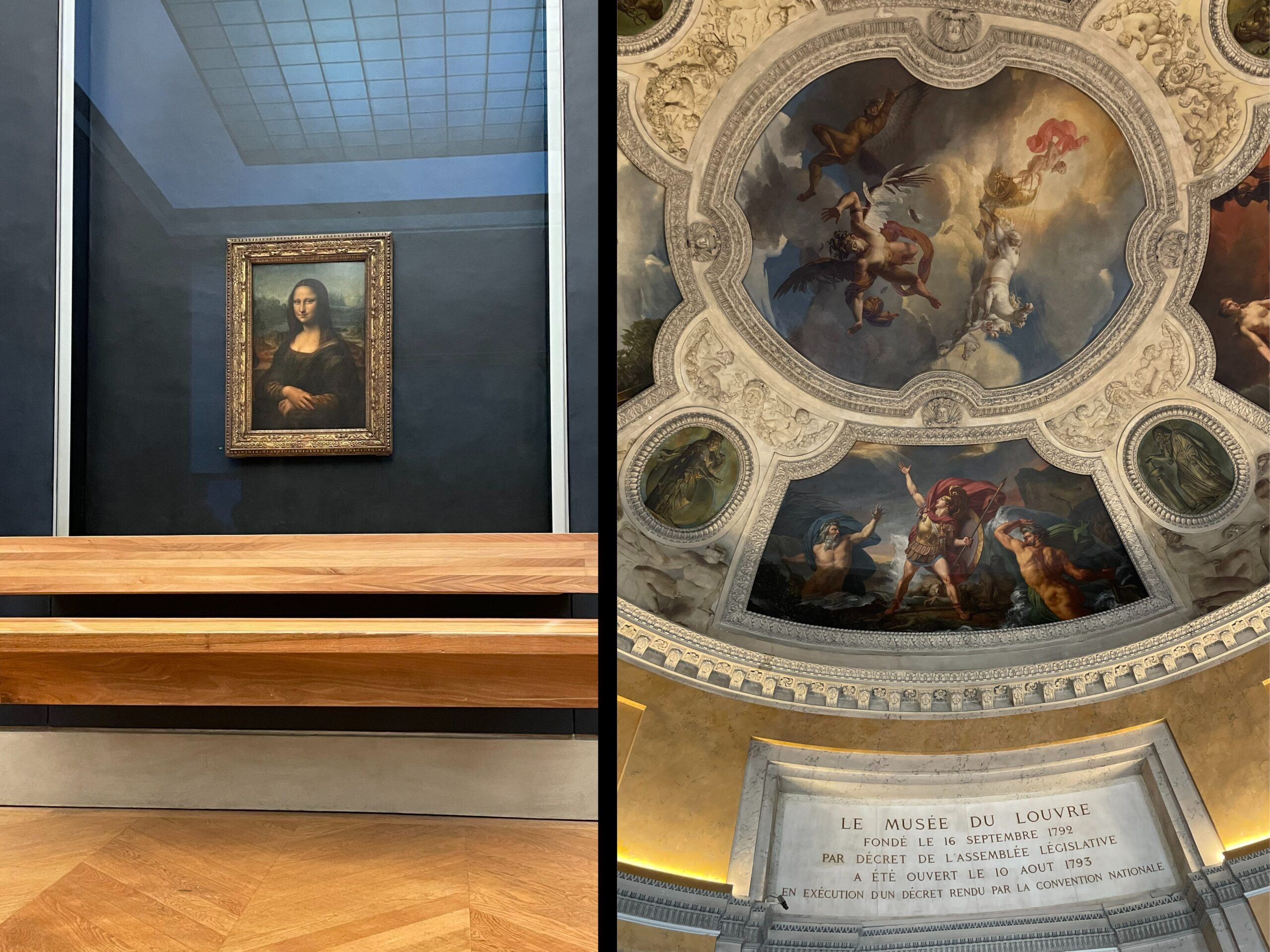 The Mona Lisa displayed behind glass in the Louvre, centered on a dark wall above a long wooden bench in an otherwise quiet gallery. Next to it: An ornate painted ceiling inside the Louvre showing dramatic mythological figures framed by sculpted borders, with a plaque below describing the museum’s founding.