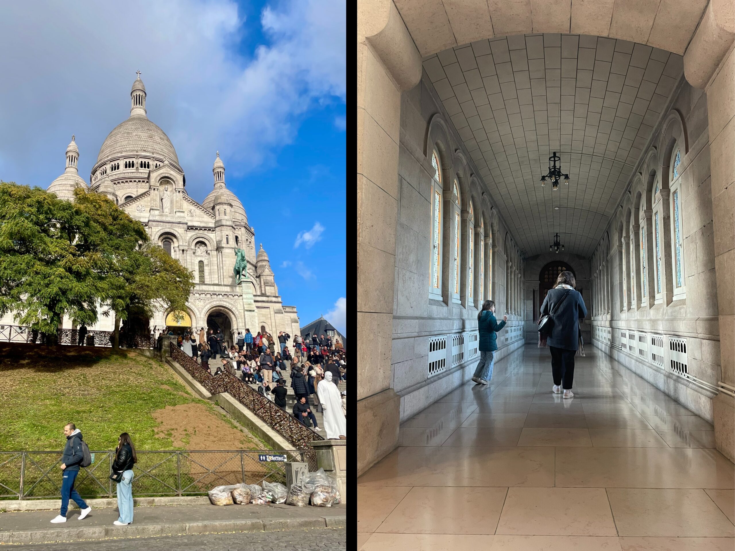 A split image of the Basilica of Sacré-Cœur in Paris. On the left, the white domes and towers rise against a bright blue sky above a hillside crowded with visitors sitting and standing on the steps, with trees and pedestrians in the foreground. On the right, the cathedral’s interior corridor stretches into the distance with a vaulted stone ceiling, evenly spaced arched windows, hanging chandeliers, polished floors reflecting light, and two people walking while another pauses to take a photo.