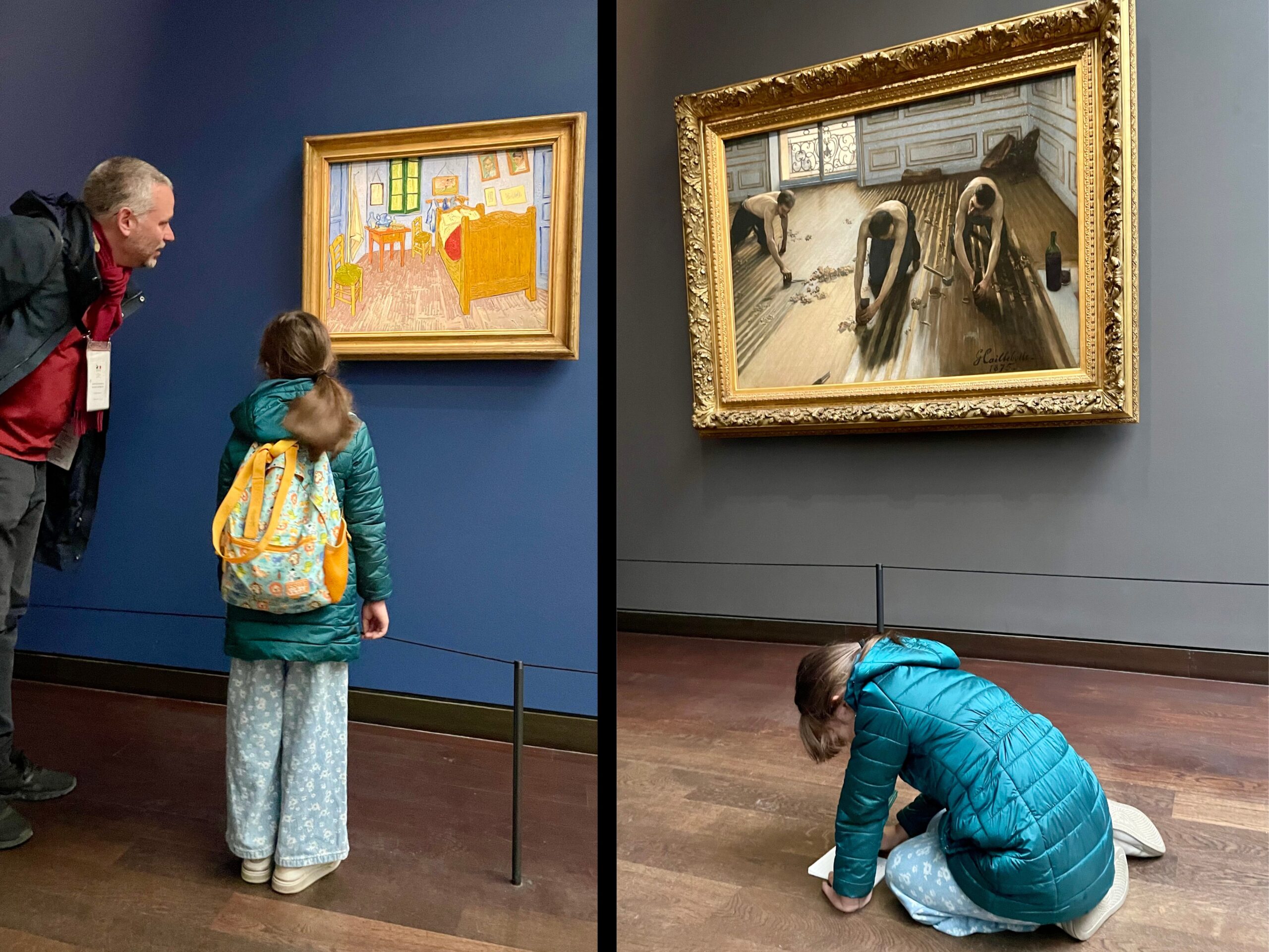 A split image inside an art museum gallery. On the left, an adult and a child with a backpack stand closely and look at a framed painting of a bright bedroom scene on a dark blue wall. On the right, the same child kneels on the wooden floor in front of another framed painting showing workers sanding a floor, studying it at close range.