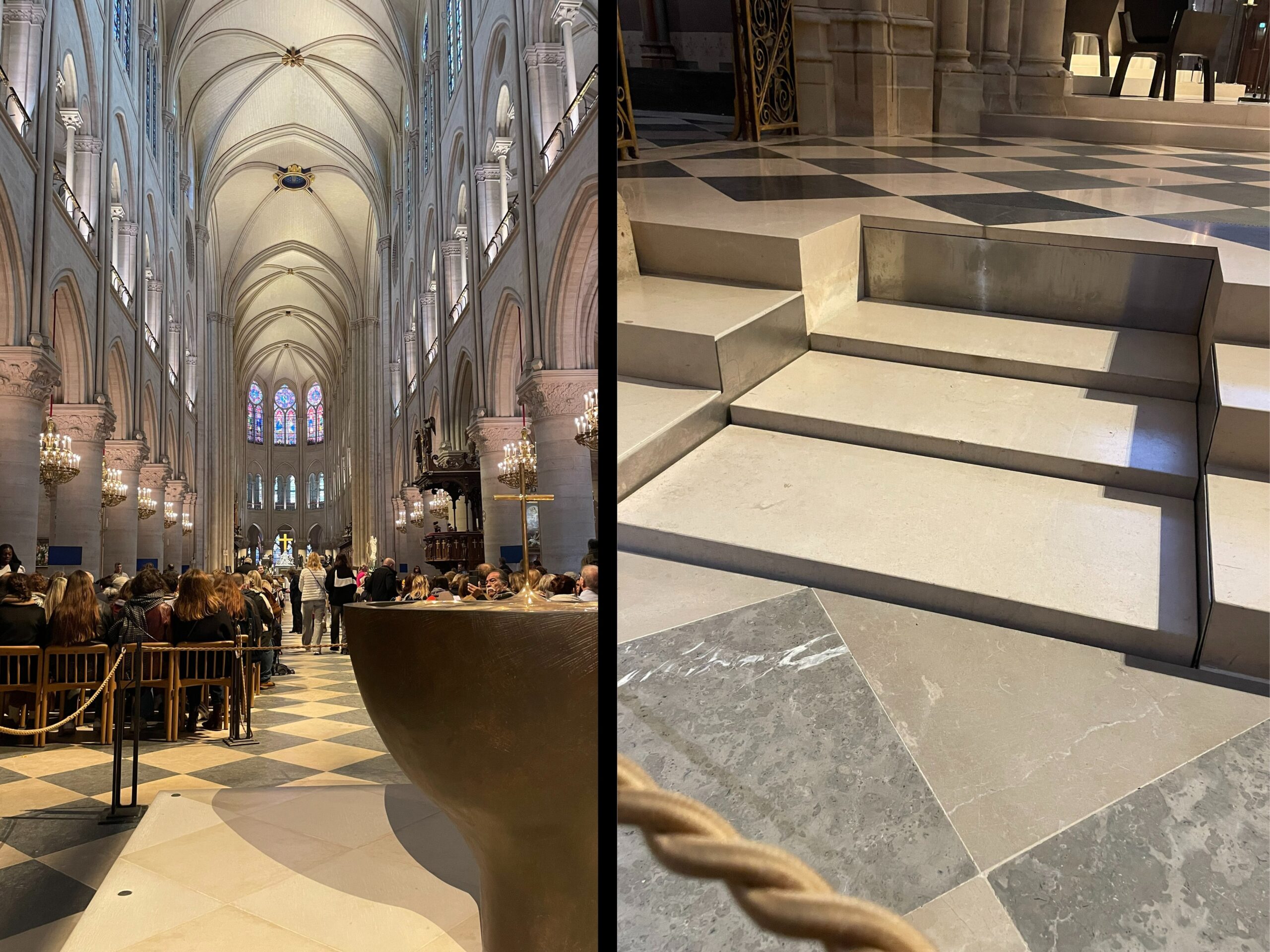 A split image inside a large cathedral. On the left, a long vaulted nave filled with seated visitors, tall stone columns, chandeliers, and stained-glass windows glowing above the altar. On the right, a close-up of pale stone steps and a checkered marble floor near the sanctuary, with a rope barrier in the foreground.