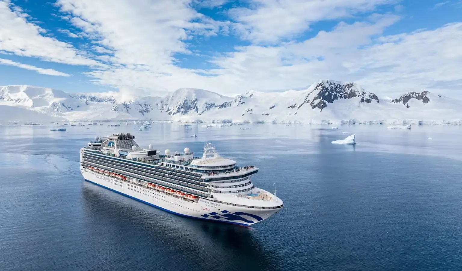 Feature image for 'Community Access Report: Cruise to Antarctica On The Sapphire Princess' article. Image includes the cruise ship, taken from above, with ice cliffs in the background.