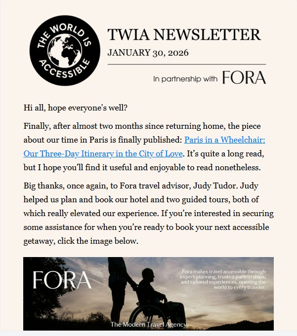 Paris in a Wheelchair - January 30, 2026, newsletter cover.