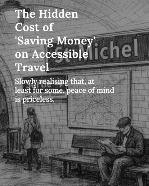 A grayscale illustration of a vintage underground train station with tiled walls, a bench, and two people—one seated reading a newspaper and another standing nearby. A station sign and a wall map are visible in the background. Overlaid white text reads: “The Hidden Cost of ‘Saving Money’ on Accessible Travel. Slowly realising that, at least for some, peace of mind is priceless.”