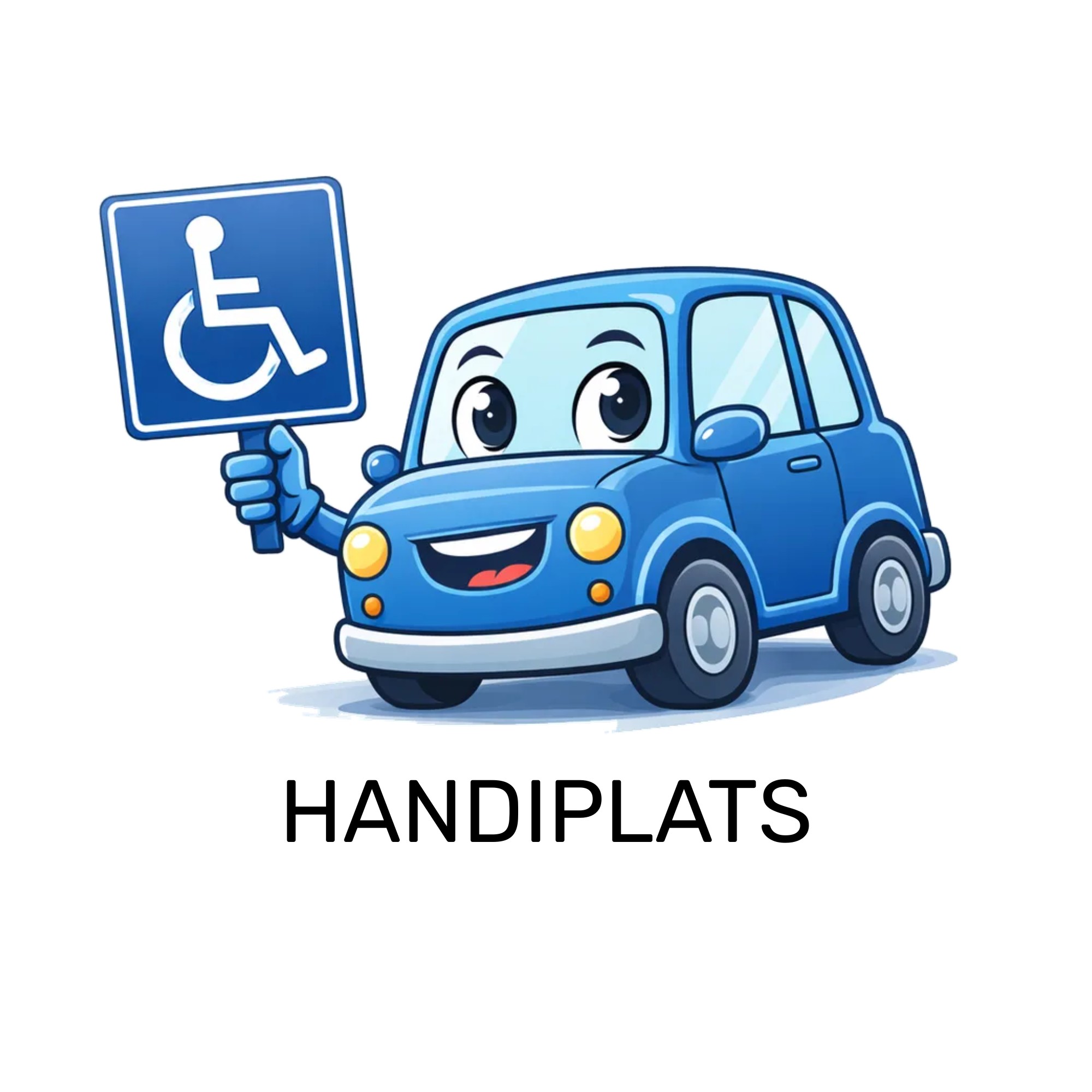 A cartoon car with a hand holding an accessible parking space logo.