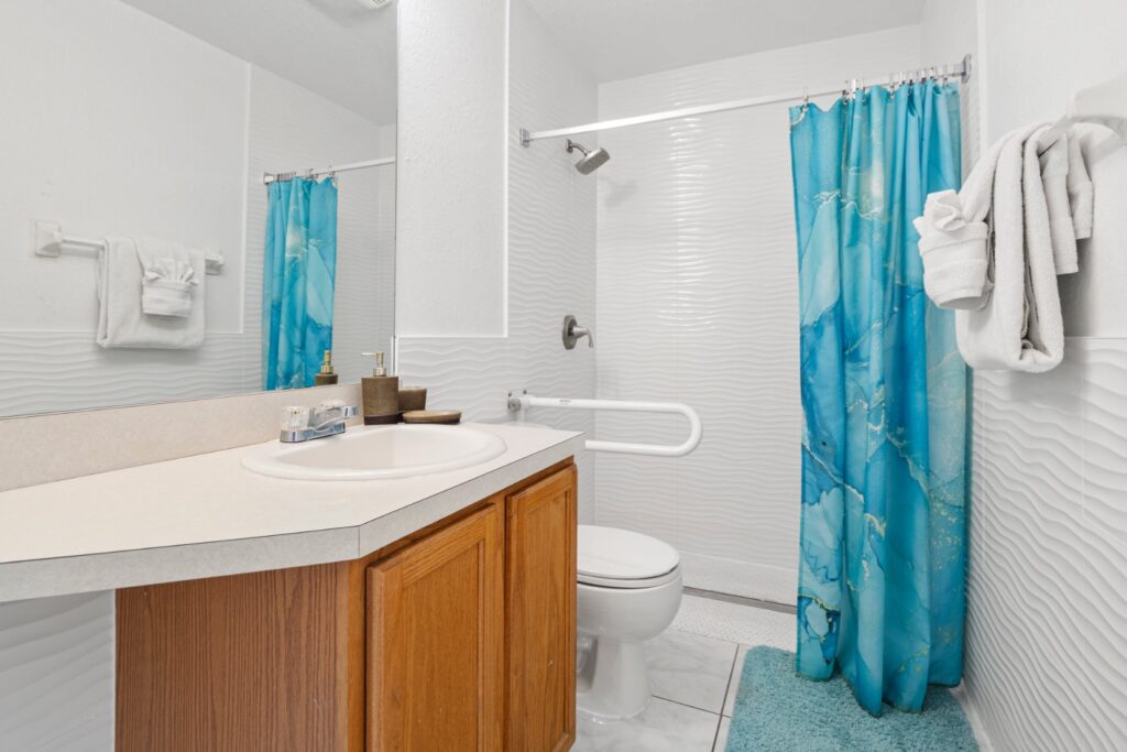 Fully accessible bathroom with a large roll-in shower featuring a fold-down shower seat, wall-mounted grab rail, handheld shower head, and a separate WC with drop-down grab rails on both sides for safe, independent use.