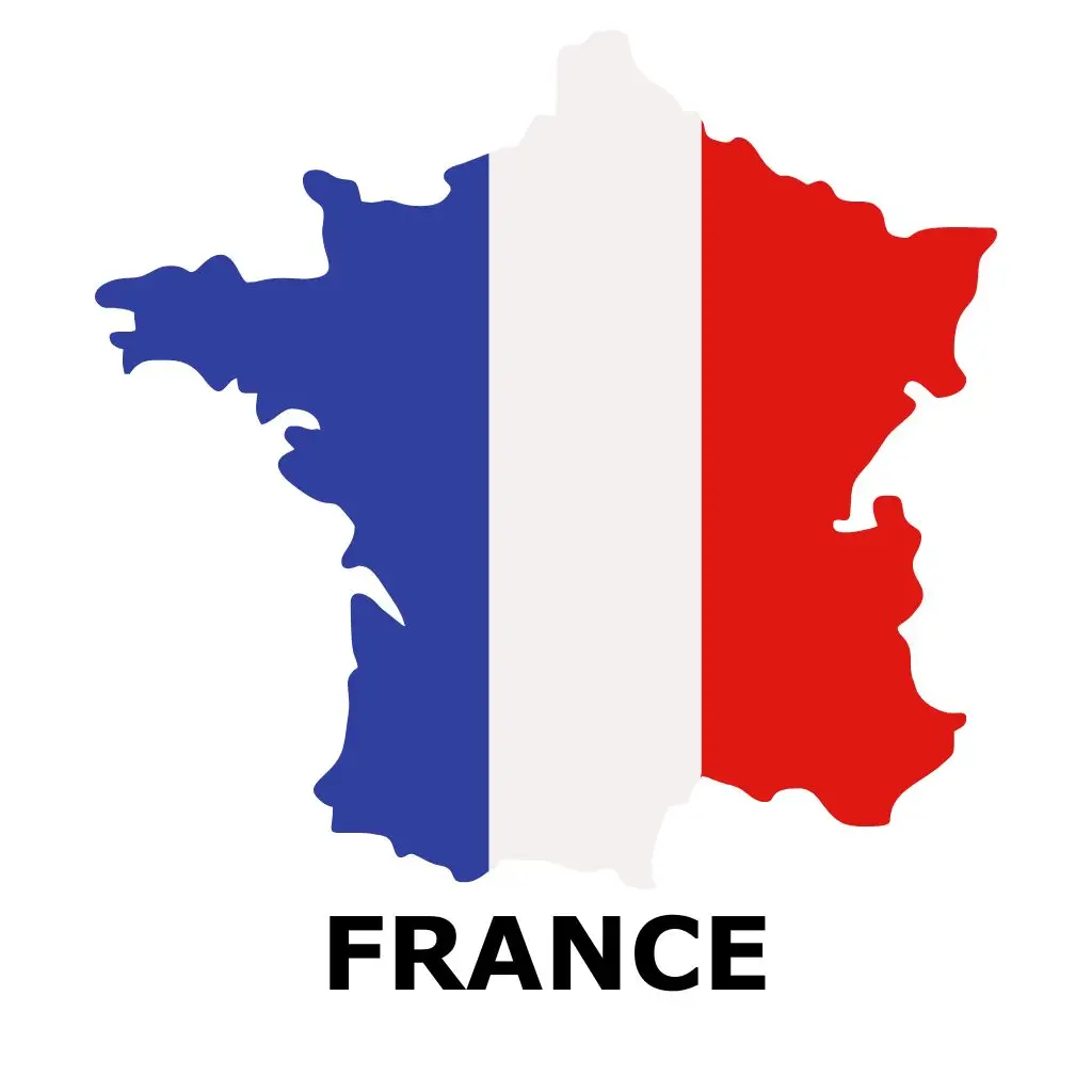The French Flag displayed inside the outline of the countries map. There is the word FRANCE written underneath.