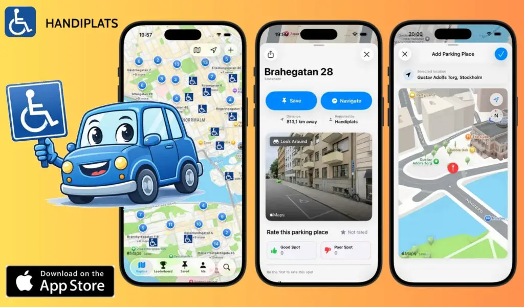 Handiplats app promotional graphic showing three iPhone screens with accessible parking maps, alongside a cartoon blue car holding a disability parking sign, and an App Store download button.