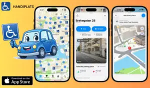 Handiplats app promotional graphic showing three iPhone screens with accessible parking maps, alongside a cartoon blue car holding a disability parking sign, and an App Store download button.