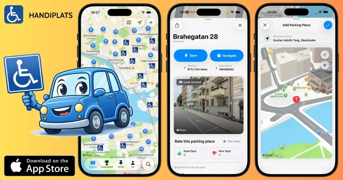 Handiplats app promotional graphic showing three iPhone screens with accessible parking maps, alongside a cartoon blue car holding a disability parking sign, and an App Store download button.