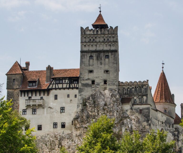 Bran Castle perched on a rocky outcrop in Transylvania, Romania, known popularly as Dracula's Castle