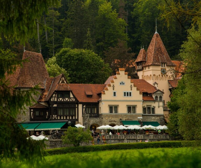 Café and estate buildings at Peleș Castle in Sinaia, Romania, surrounded by pine forest with outdoor seating visible