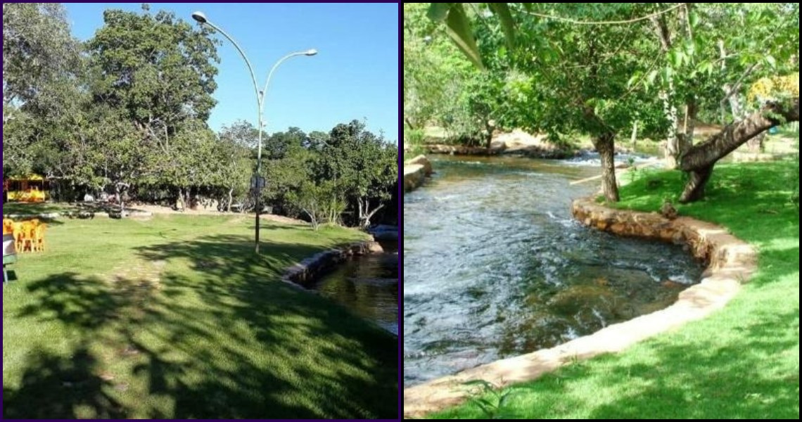 A split view of the archipelago showing a wide, grassy park area with a tall street lamp and a stone-lined riverbank bordering flowing water under lush green trees.