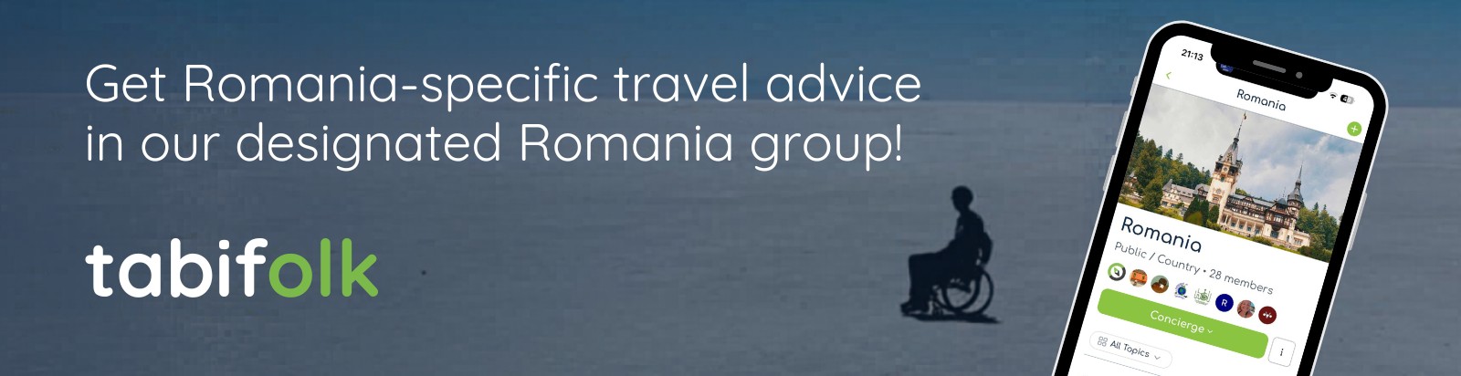 tabifolk app banner promoting a Romania-specific accessible travel advice group for wheelchair users and disabled travelers