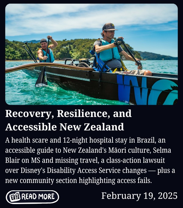 A newsletter archive card for the February 19, 2025 issue. The top half features a photograph of two men paddling a traditional waka (Māori canoe) on calm turquoise water, with lush green hills in the background — one of the paddlers appears to be a wheelchair user. Below, bold white text on a dark background reads: "Recovery, Resilience, and Accessible New Zealand." A short summary follows, along with a "Read More" button in the bottom left and the date "February 19, 2025" in the bottom right.