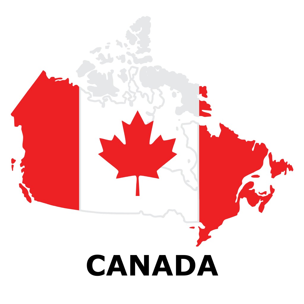 A map of Canada with the Canadian flag filling the outline. Underneath the map is the word "CANADA". This is a clickable image and takes you to a page for accessible rental properties in Canada.