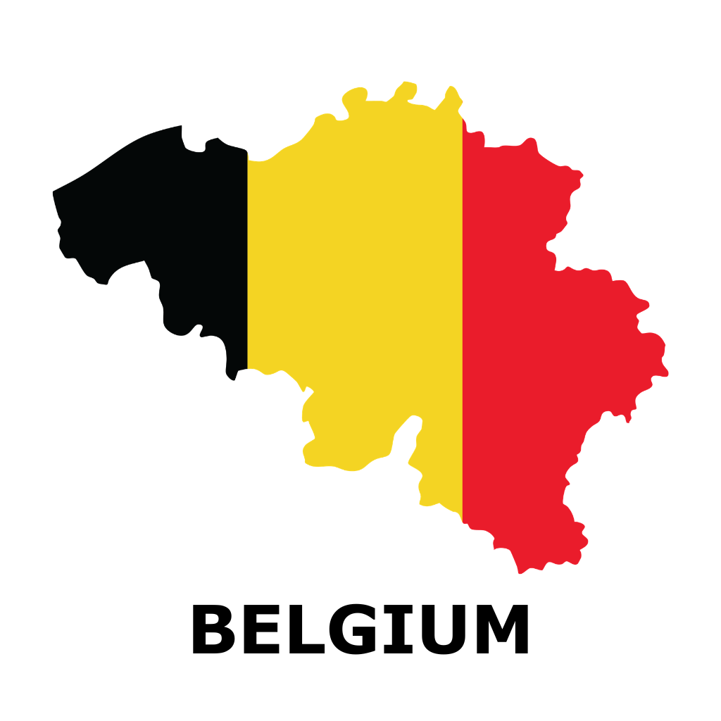 A map of Belgium with the Belgium flag filling the outline. Underneath the map is the word "BELGIUM". This is a clickable image and takes you to a page for accessible rental properties in Belgium.
