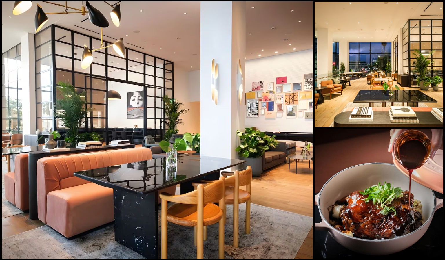 Interior of Written Hand restaurant at The Kimpton Everly Hotel, Hollywood, showing spacious dining areas with black marble tables, salmon-pink booth seating, warm wood floors, and lush tropical plants. A second image shows the open, light-filled dining room at dusk, and a third shows a rich braised dish being finished tableside with a red wine sauce.