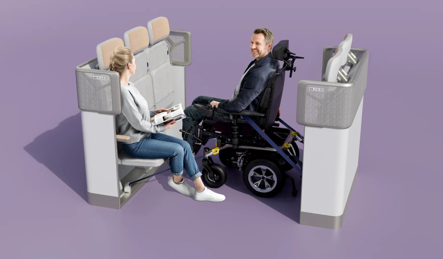 A mock-up image of a man in a powered wheelchair, sitting inside the Airspace U Space.