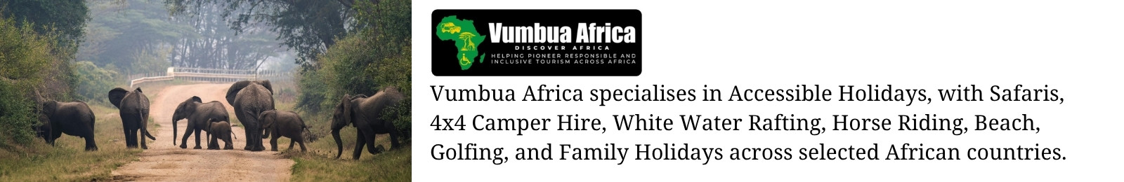 Vumbua Africa logo beside a herd of elephants crossing a dirt track in Africa — accessible safaris, 4x4 camper hire, white water rafting and beach holidays across Africa, TWIA partner